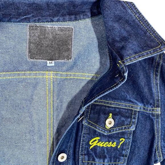 Guess Vintage 90’s Dark Denim Jacket w/ Neon Yellow Stitching size M - Picture 12 of 16